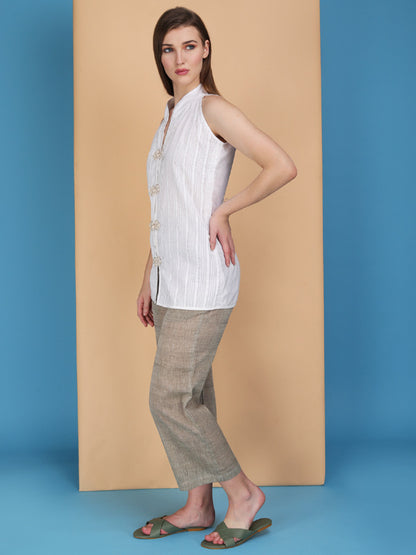 Micro pintucks stand collar sleeveless top with handcrafted buttons Made in cotton poplin