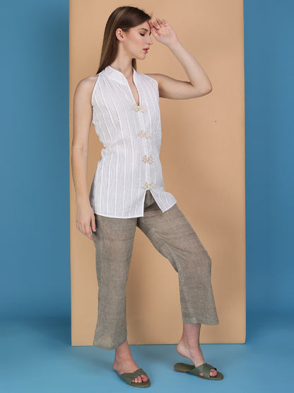 Micro pintucks stand collar sleeveless top with handcrafted buttons Made in cotton poplin