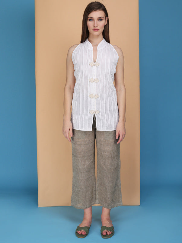 Micro pintucks stand collar sleeveless top with handcrafted buttons Made in cotton poplin