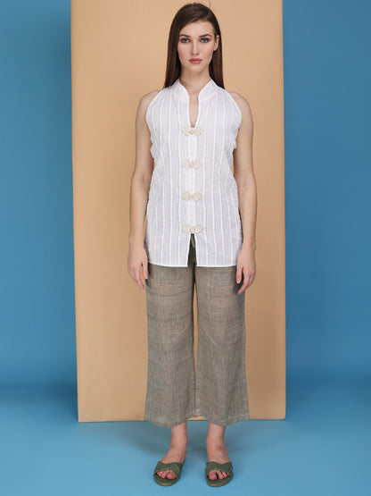 Micro pintucks stand collar sleeveless top with handcrafted buttons Made in cotton poplin