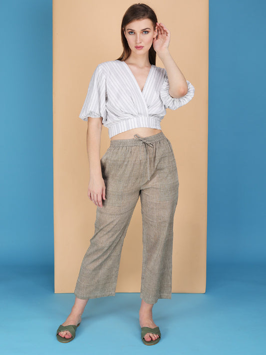 Overlap elasticated waist striped blouson made in natural fibre