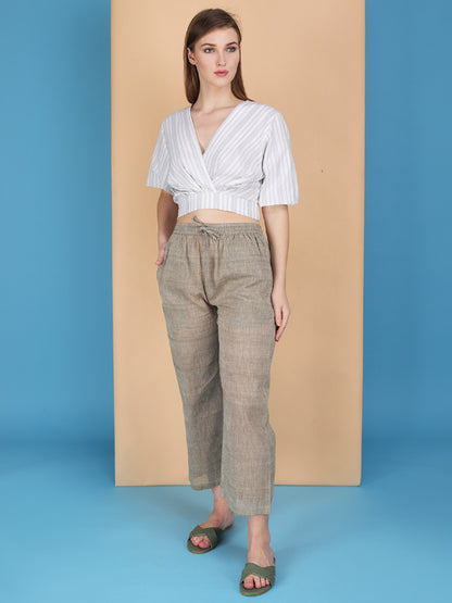 Overlap elasticated waist striped blouson made in natural fibre