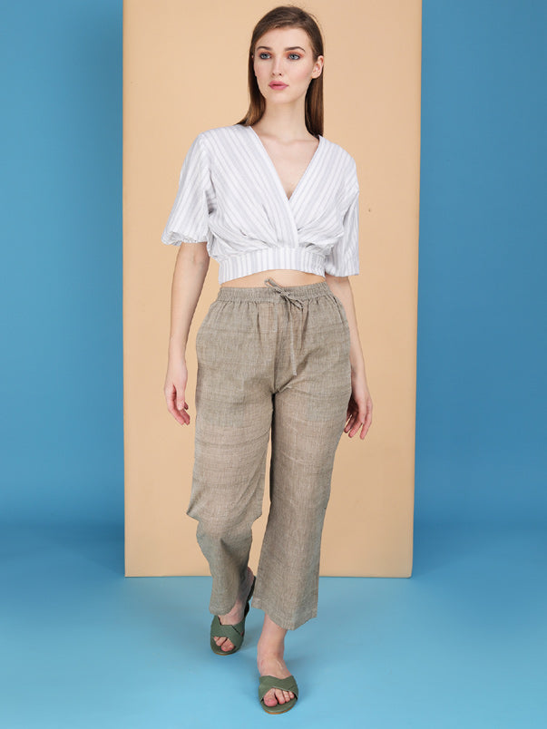 Overlap elasticated waist striped blouson made in natural fibre