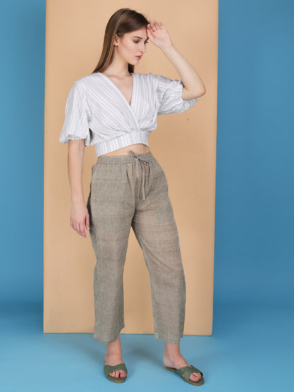 Overlap elasticated waist striped blouson made in natural fibre