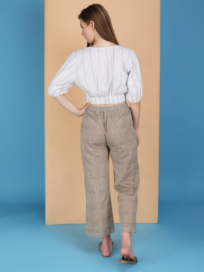 Overlap elasticated waist striped blouson made in natural fibre