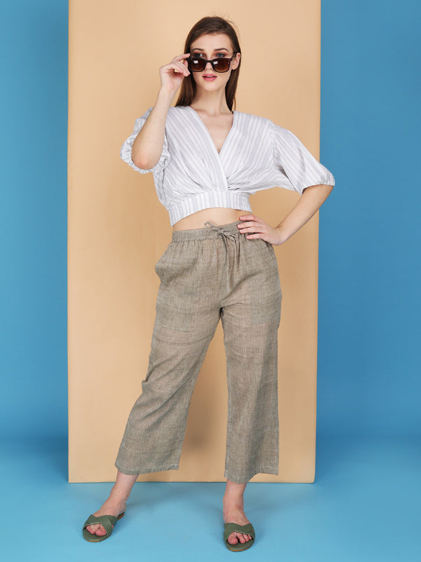 Overlap elasticated waist striped blouson made in natural fibre