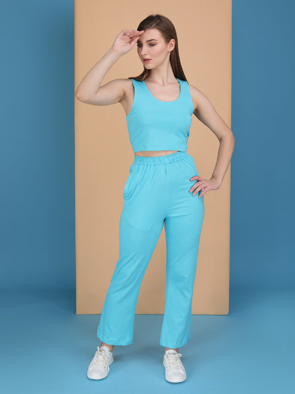powder blue track pants with tank top made in cotton spandex