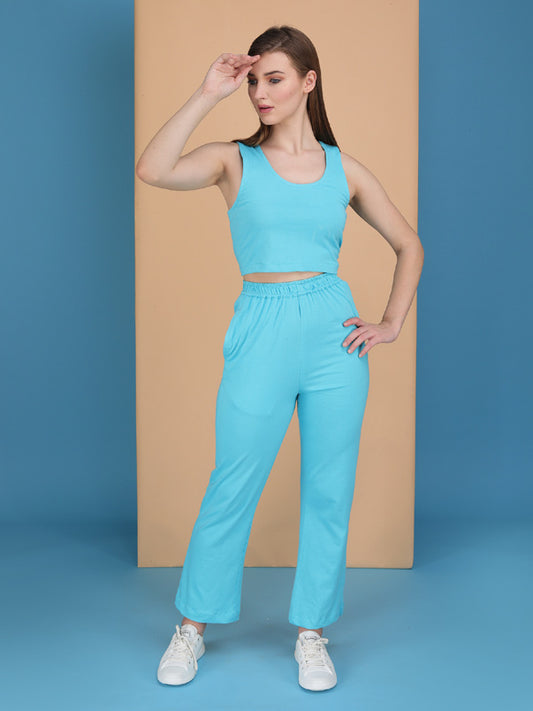 powder blue track pants with tank top made in cotton spandex