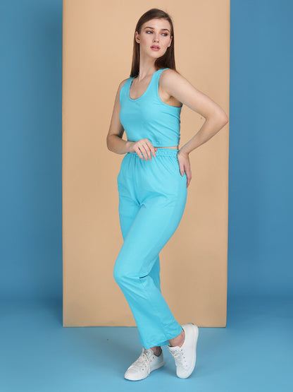 powder blue track pants with tank top made in cotton spandex
