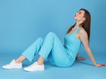 powder blue track pants with tank top made in cotton spandex
