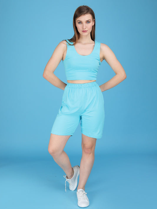 powder blue shorts with tank top made in cotton spandex