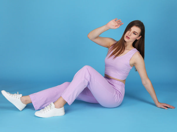 lavender track pants with tank top made in cotton spandex