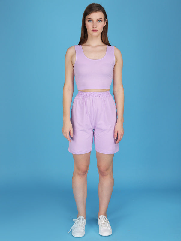 lavender shorts with tank top made in cotton spandex