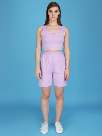 lavender shorts with tank top made in cotton spandex