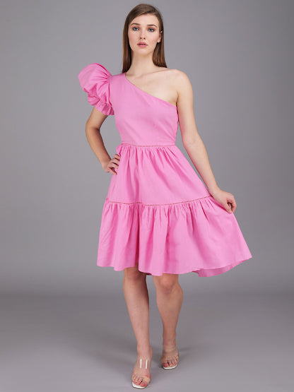 baby pink exaggerated one shoulder tier panel dress made in cotton