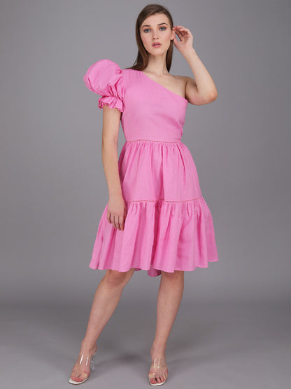 baby pink exaggerated one shoulder tier panel dress made in cotton