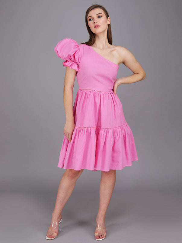 baby pink exaggerated one shoulder tier panel dress made in cotton