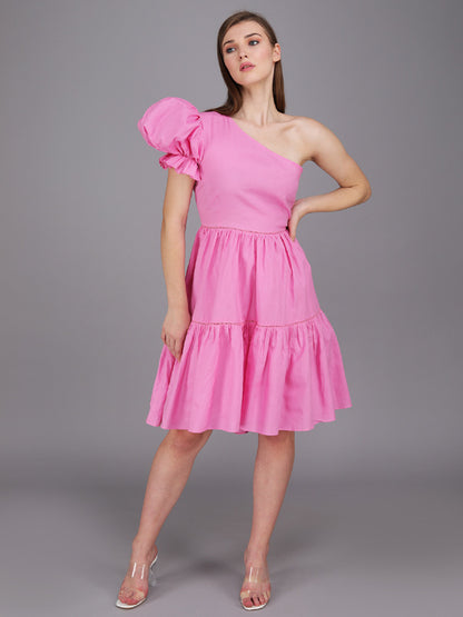baby pink exaggerated one shoulder tier panel dress made in cotton