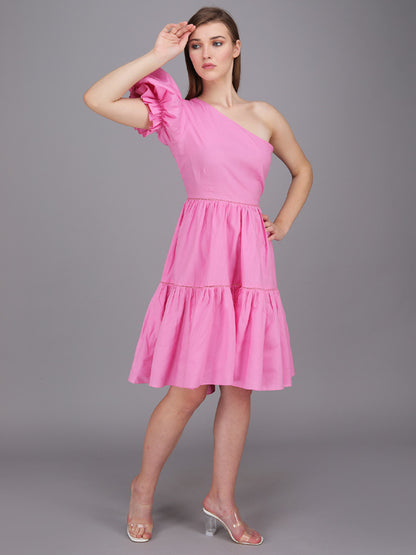 baby pink exaggerated one shoulder tier panel dress made in cotton
