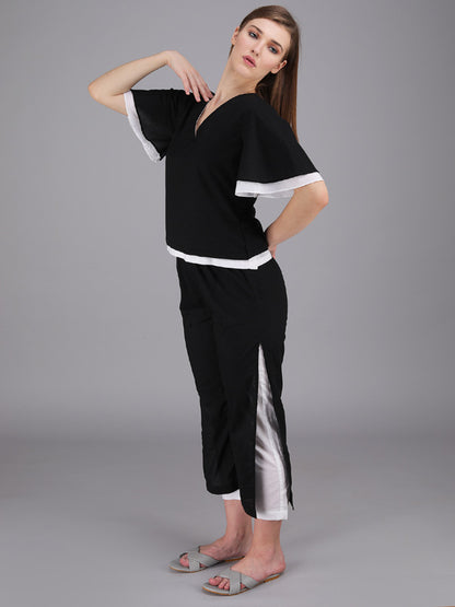 v-neck black and white coord set made in cotton