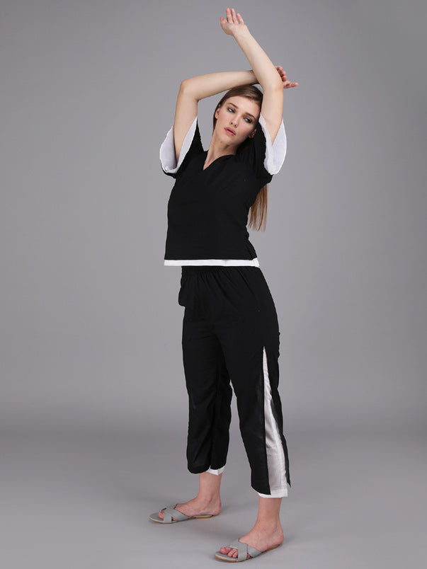 v-neck black and white coord set made in cotton