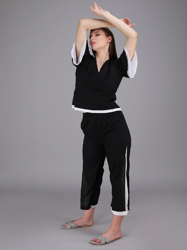 v-neck black and white coord set made in cotton