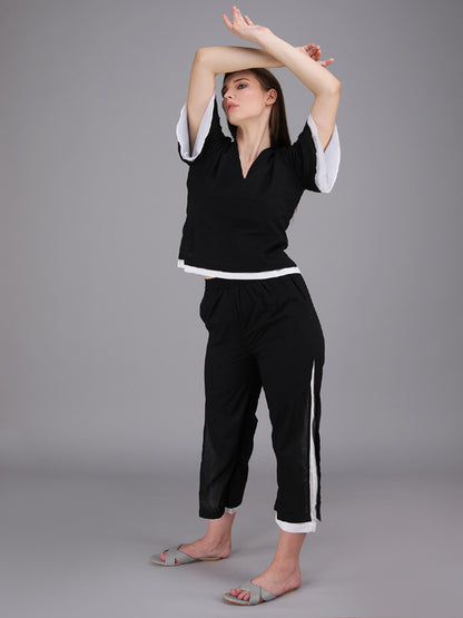 v-neck black and white coord set made in cotton