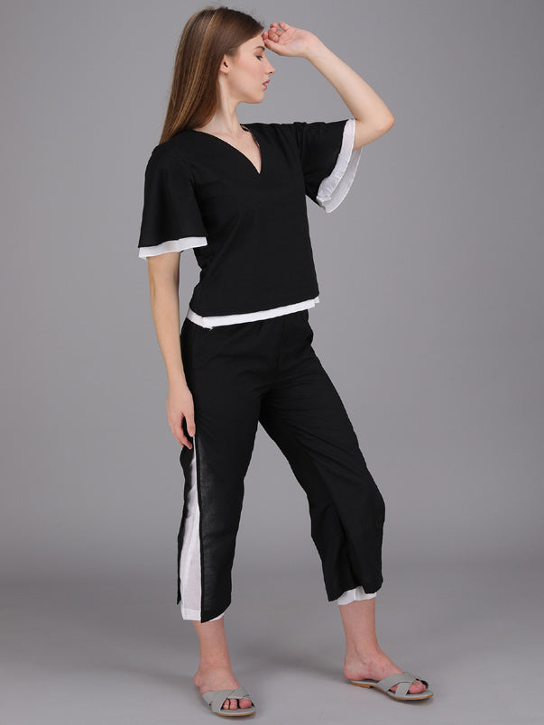 v-neck black and white coord set made in cotton
