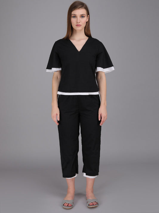 v-neck black and white coord set made in cotton