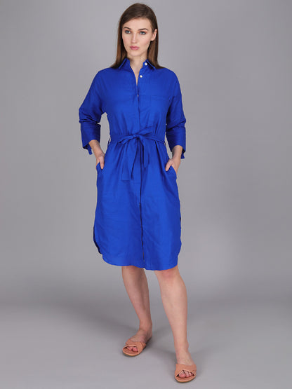 Button down indigo blue shirt dress made in cotton poplin