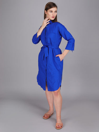 Button down indigo blue shirt dress made in cotton poplin