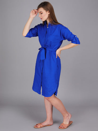 Button down indigo blue shirt dress made in cotton poplin