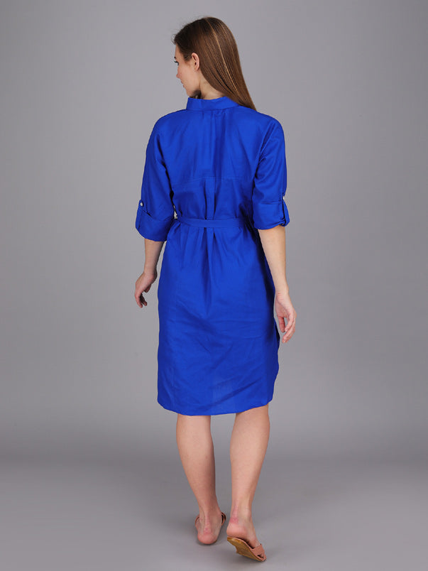 Button down indigo blue shirt dress made in cotton poplin