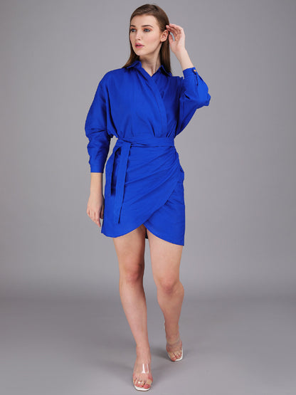 Indigo blue overlap tie up dress Made in cotton poplin