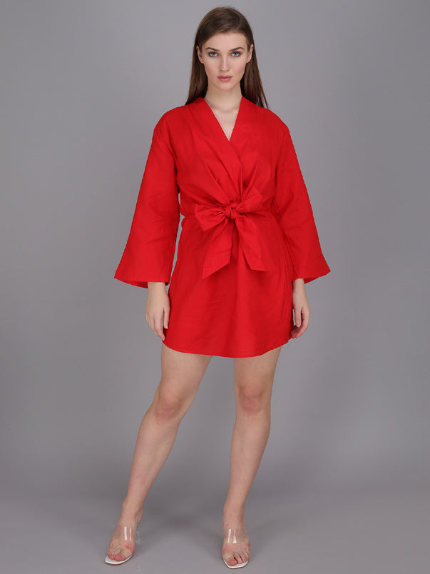Red V-neck knotted dress with A-line sleeves made in cotton