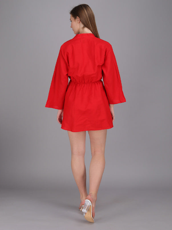 Red V-neck knotted dress with A-line sleeves made in cotton