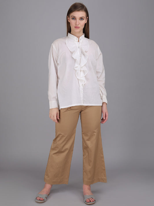 crisp white button down Ruffle shirt with stand collar