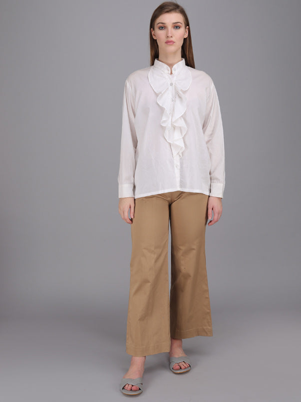 crisp white button down Ruffle shirt with stand collar