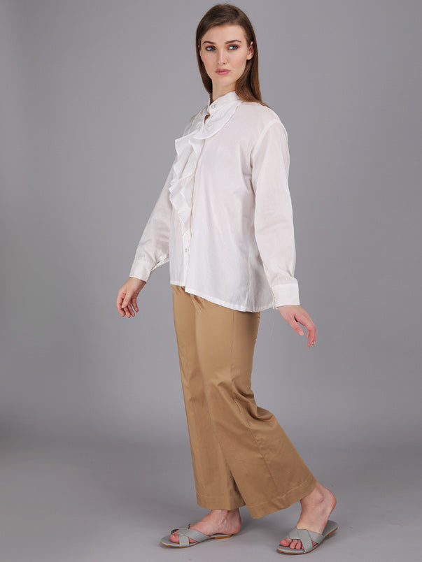 crisp white button down Ruffle shirt with stand collar