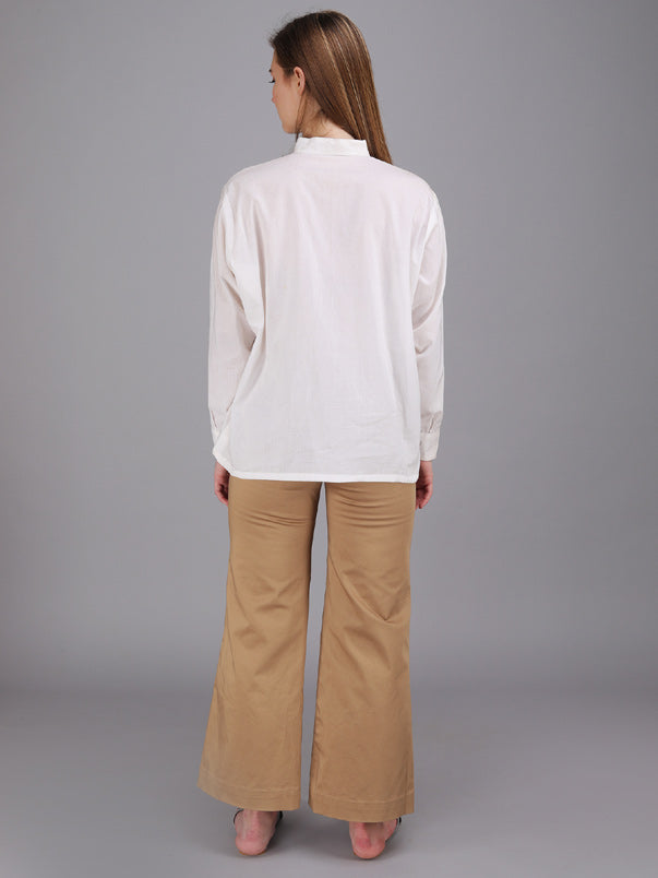 crisp white button down Ruffle shirt with stand collar