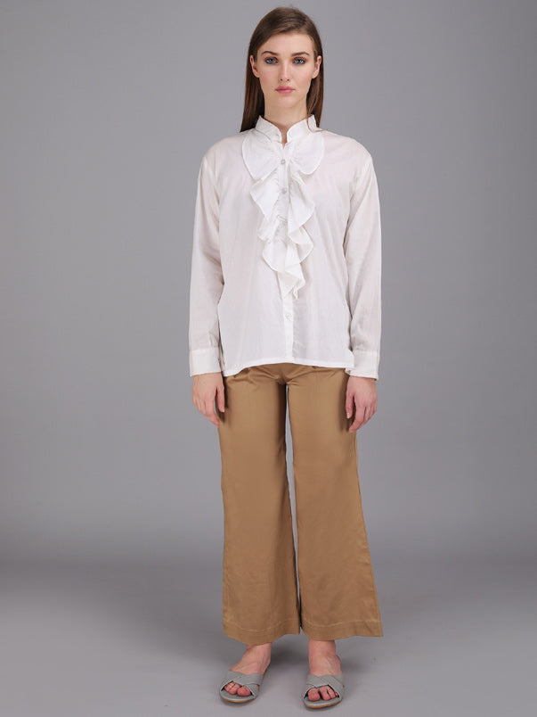 crisp white button down Ruffle shirt with stand collar