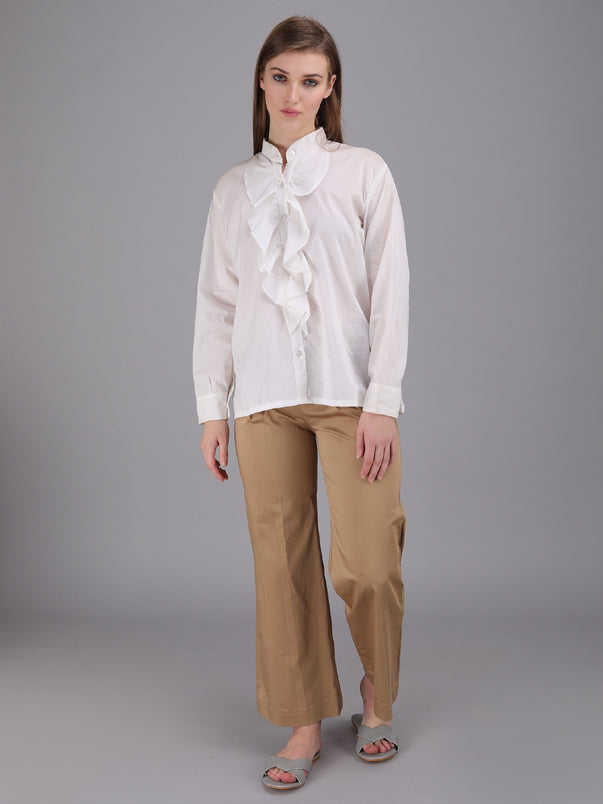 crisp white button down Ruffle shirt with stand collar
