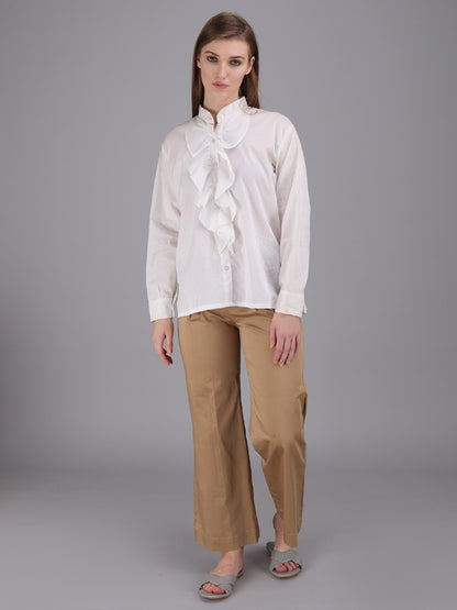 crisp white button down Ruffle shirt with stand collar
