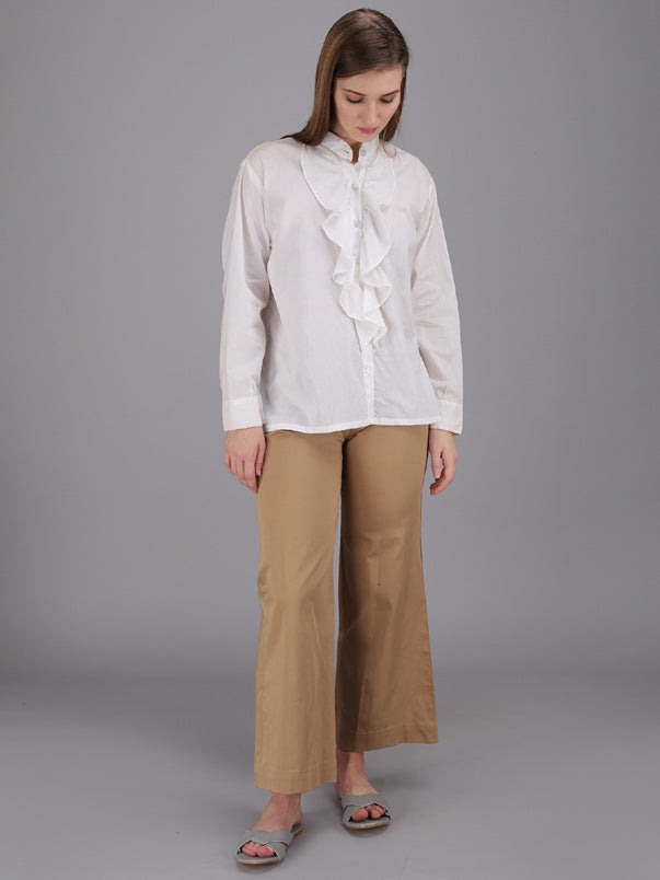 crisp white button down Ruffle shirt with stand collar