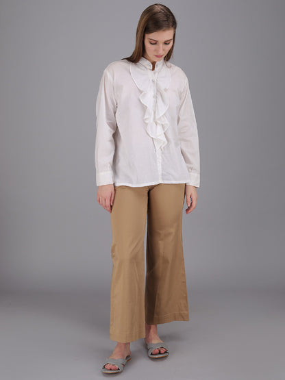 crisp white button down Ruffle shirt with stand collar