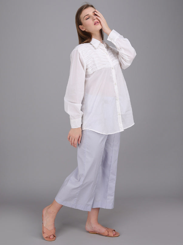 crisp white collar pintucks shirt made in cotton