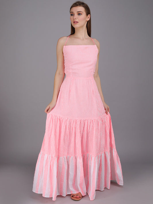 striped tier panel full dress with tie up back. made in cotton