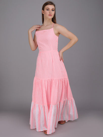 striped tier panel full dress with tie up back. made in cotton