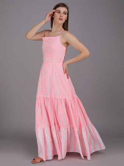 striped tier panel full dress with tie up back. made in cotton