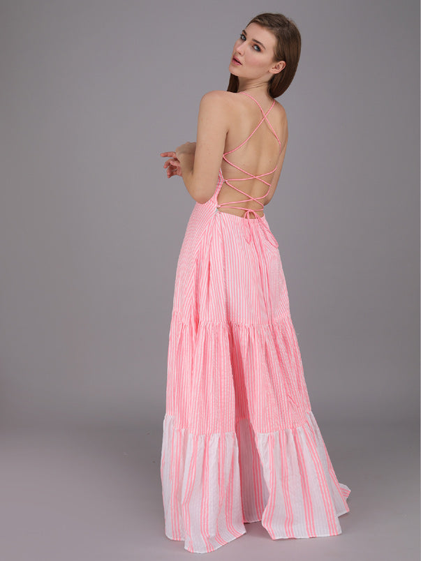 striped tier panel full dress with tie up back. made in cotton